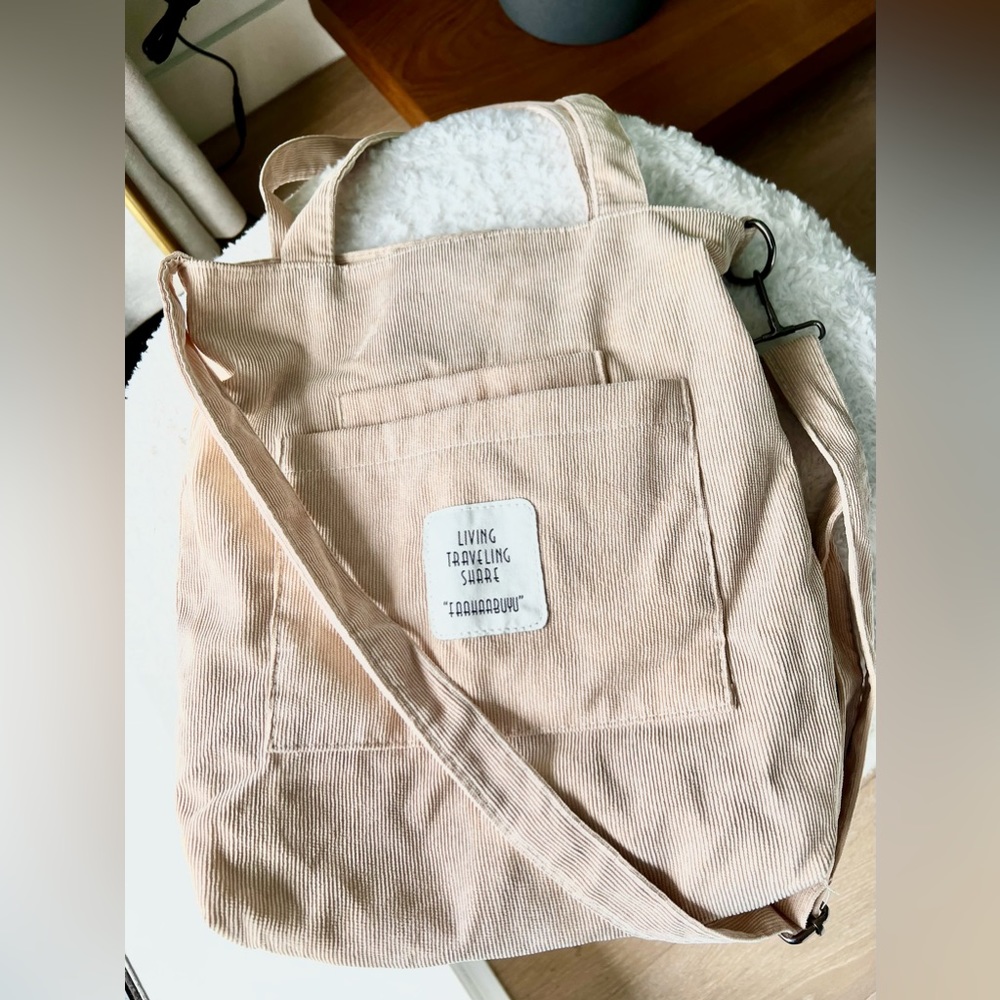 Beige Corduroy Tote Bag with Detachable Crossbody Strap
